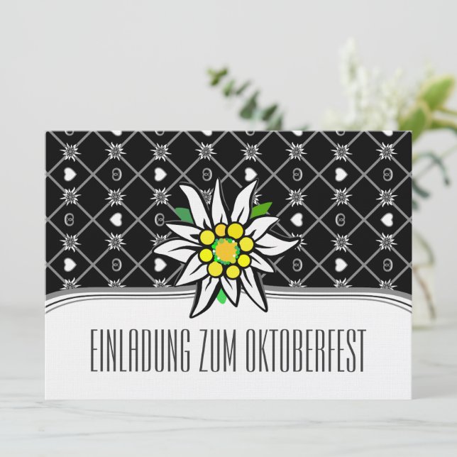 Convites para o Oktoberfest Edelweiß preto e branc (Em pé/Frente)
