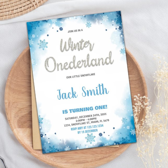 Convites para primeiro aniversario no interior do  (winter onederland 1st birthday invitations Blue)