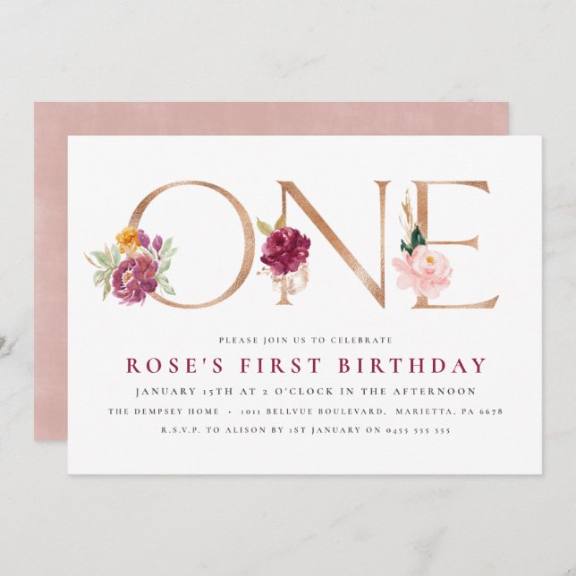 Convites para primeiros aniversarios | Rosa oral D (Frente/Verso)