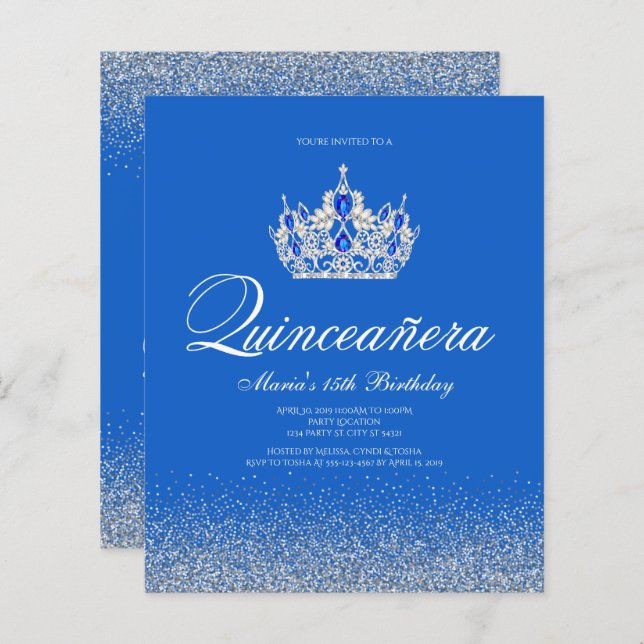 Convites para Quinceanera de Azul e Prata de Orçam (Frente/Verso)