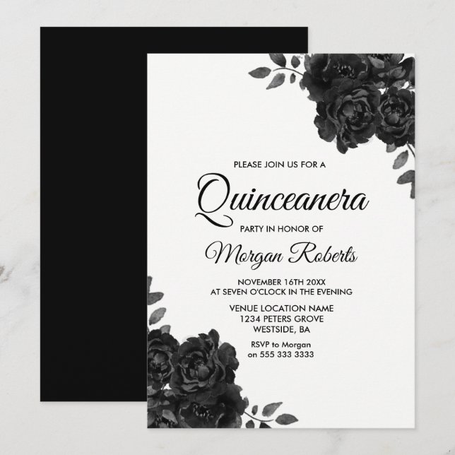 Convites para Quinceanera de Rosa Negra e Branca E (Frente/Verso)