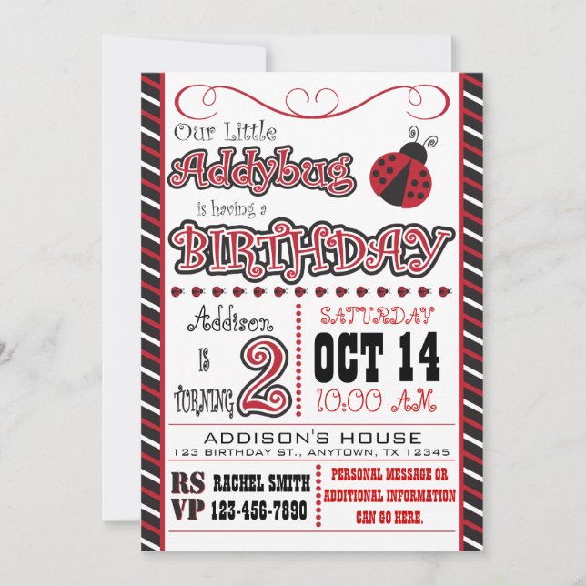 Convites para segundos aniversários Addybug (Frente)