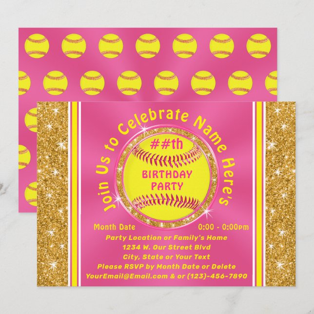 Convites Personalizados de Aniversário de Softbol (Frente/Verso)