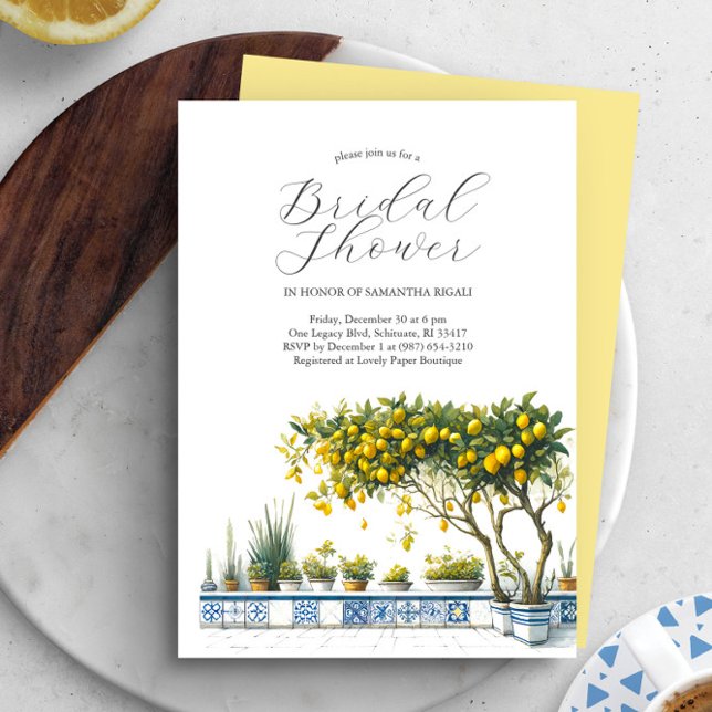 Convites Personalizados de Chuveiro de Noiva com L (Yellow and blue lemon theme watercolor bridal shower invitations Victoria Grigaliunas DoTellABelle)