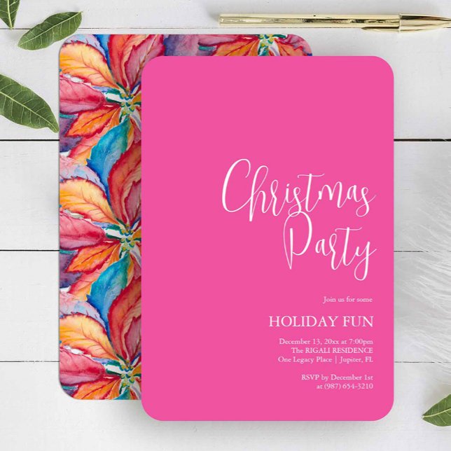 Convites Personalizados de Festa de Natal Rosa Fúc (Pink Christmas party invitation features unique poinsettia watercolor art by Victoria Grigaliunas)