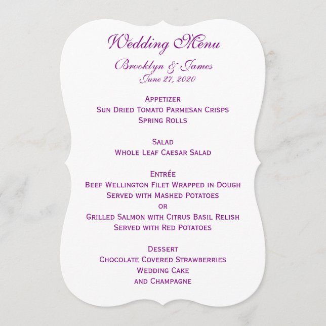 Convites Personalizados de Menu de Casamento Roxo  (Frente)
