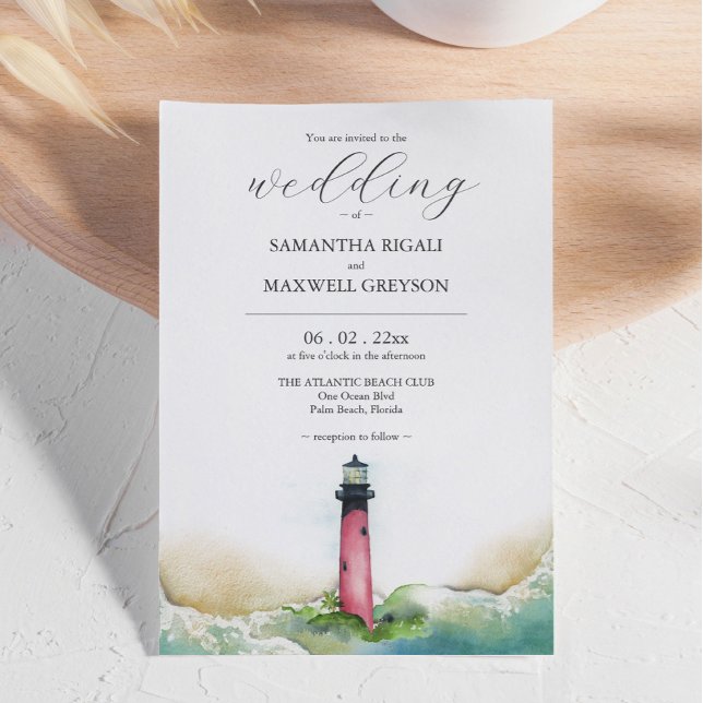 Convites personalizados para Casamento de Farol (Nautical Lighthouse Beach Destination Wedding Invitation watercolor art by Victoria Grigaliunas)