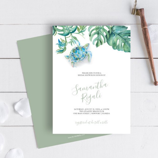 Convites personalizáveis de Chá de panela tropical (Tropical Bridal Shower Invitation Sea Turtle watercolor sea turtle, palm leaves Victoria Grigaliunas)