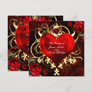 Convites Preto Vermelho Dourado Coração Floral Orn