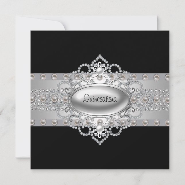 Convites Pretos Quinceanera Diamantes Pérolas (Frente)
