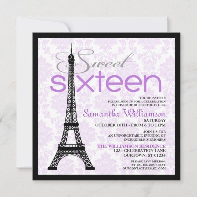 Convites Purple Paris Sweet 16 (Frente)