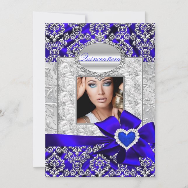 Convites Quinceanera de Damasco Azul e Prata (Frente)