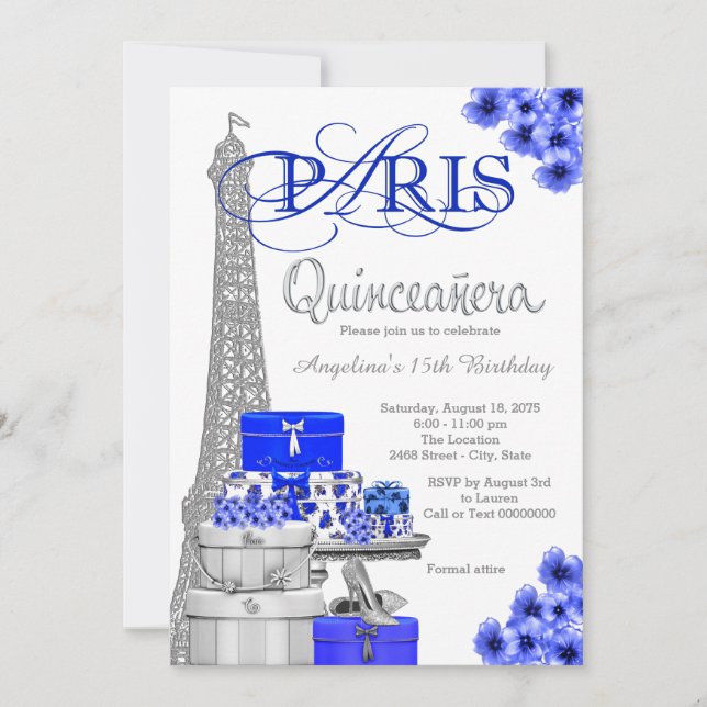 Convites Quinceanera Paris Prata Azul Real (Frente)