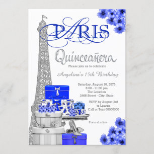 Convites Quinceanera Paris Prata Azul Real