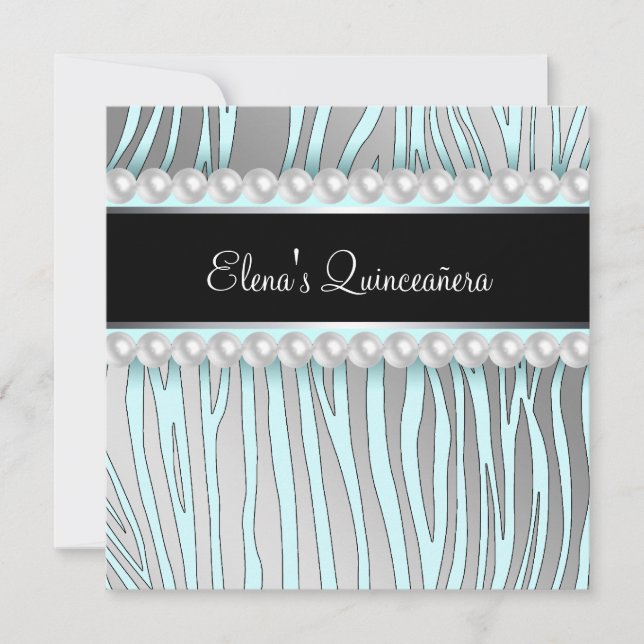 Convites Quinceanera Pérolas Azul Turquesa Zebra (Frente)