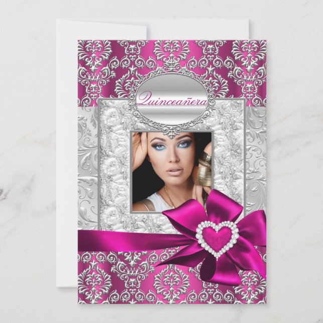 Convites Quinceanera Pink & Silver Damask (Frente)