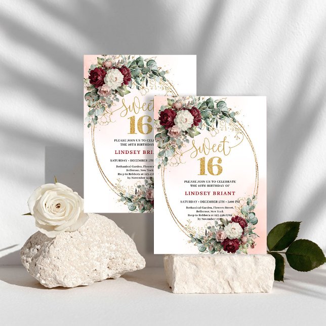 Convites Românticos Boêmios de Borgonha para Sweet (Romantic Bohemian Burgundy Floral Sweet 16 Invitation)