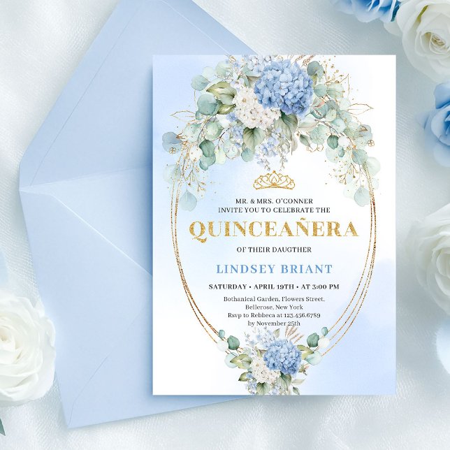 Convites Românticos de Quinceañera com Hortênsias  (Romantic Blue Hydrangeas Gold Quinceañera Invitation)