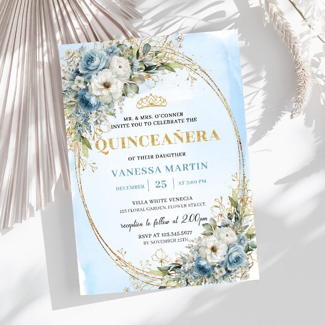 Convites Românticos de Quinze Anos em Azul Poeiren (Romantic Dusty Blue Gold Greenery Quince Invitation)