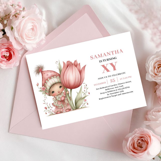 Convites Rosa Bege para 3º Aniversário da Menina F (Magical Fairy Girl 3rd Birthday Blush Pink Invitation)