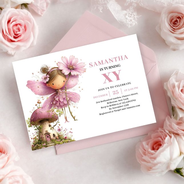 Convites Rosa Poeirento para 4º Aniversário da Gar (Whimsy Fairy Girl 4th Birthday Dusty Pink invitation)