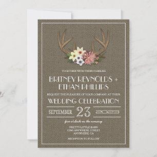 Convites Rustic Burlap Deer Antler Casamento