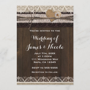 Convites Rustic Burlap Lace & Wood Wedding