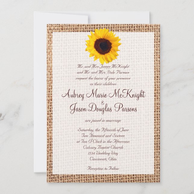 Convites Rustic Burlap Sunflower Casamento (Frente)
