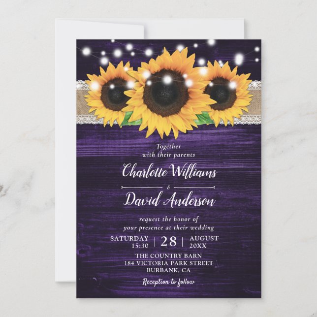 Convites Rustic Sunflower and Purple Wedings (Frente)