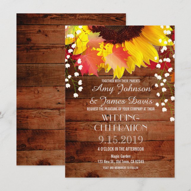 Convites Rustic Sunflower Barn Wood Casamento (Frente/Verso)
