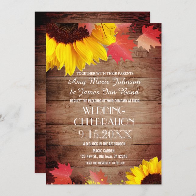 Convites Rustic Sunflower Barn Wood Casamento (Frente/Verso)