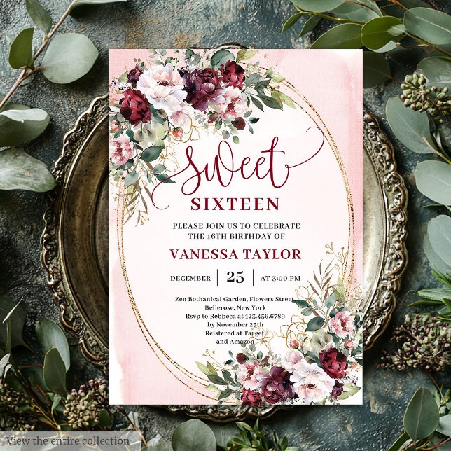 Convites Rústicos Rosa Bege Borgonha Dourado Sweet (Rustic Blush Burgundy Gold Sweet Sixteen Invitation

)