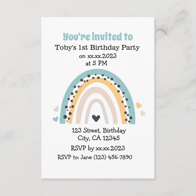 Convites Simples de Cartão Arco-Íris de Aniversári (Frente)