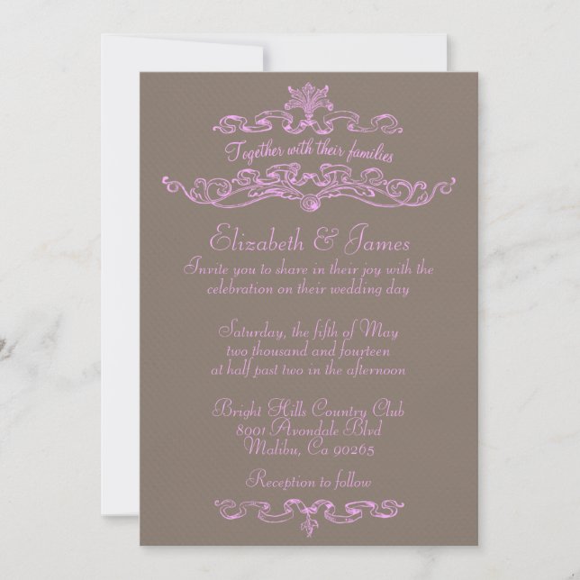 Convites Simples De Casamento De Luxo Rosa E Casta (Frente)