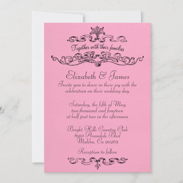 Convites Simples De Casamento De Luxo Rosa E Preto (Frente)
