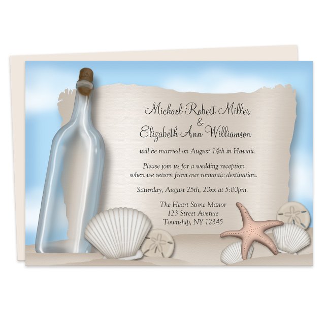 Convites Somente para Recepção na Praia da Garrafa (Message Bottle Beach Reception Only Invitations from Starzraven on Zazzle. Digital option available.)