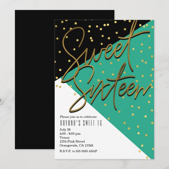 Convites Sweet 16 Azul Turquesa Preto Dourado Bloc (Frente/Verso)