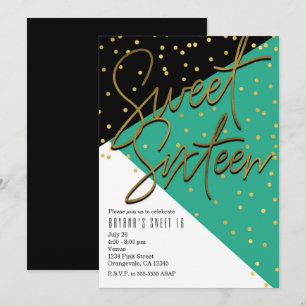 Convites Sweet 16 Azul Turquesa Preto Dourado Bloc