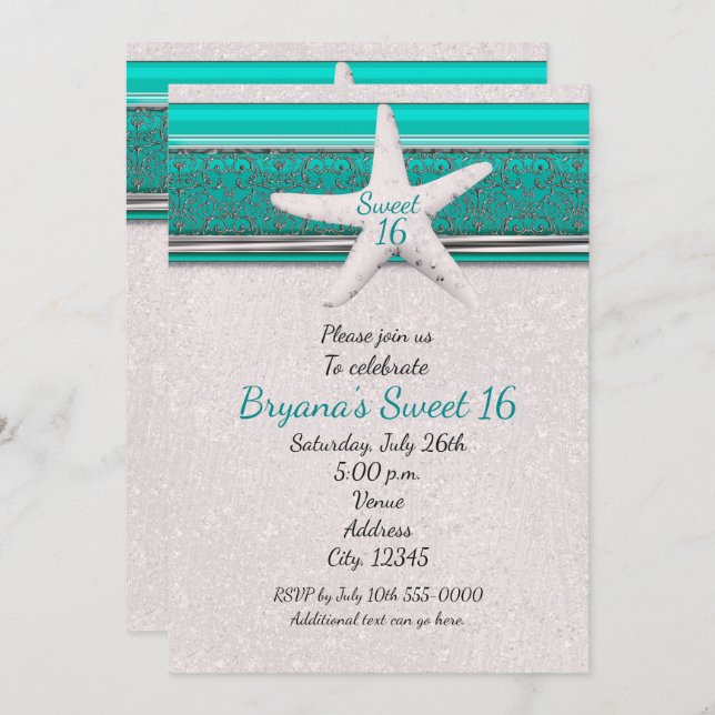 Convites Teal & White Starfish Beach Sweet 16 (Frente/Verso)