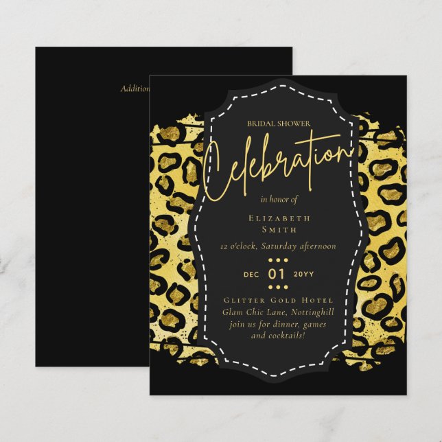 Convites Tema do Chá de panela Dourado Preto Glitz (Frente/Verso)