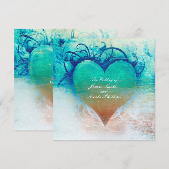 Convites Tropicais de Coração Azul do Oceano (Frente/Verso)