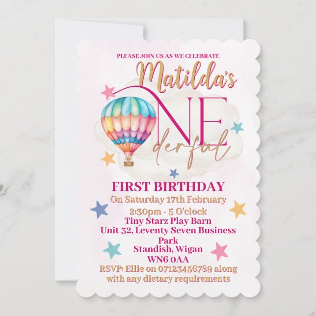 Convites Urso em um Balão de Ar Quente Rosa (Frente)