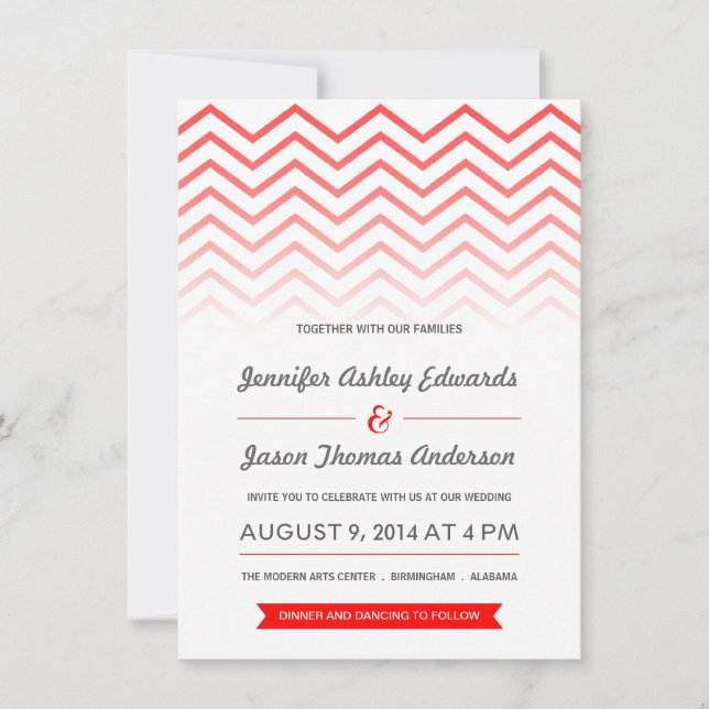 Convites vermelhos do casamento de Ombre Chevron (Frente)