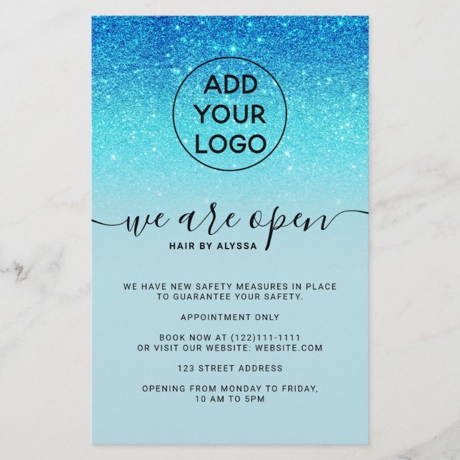 Cool blue glitter prices logo We're open Flyer (Frente)