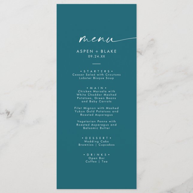 Coordenada de Aquarela Moderna | Teal Wedding Menu (Frente)