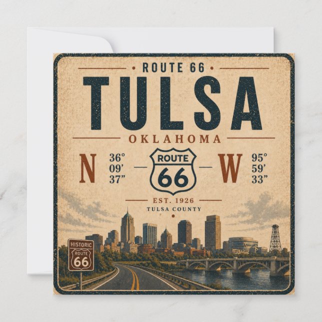 Coordenadas de Viagem da Rota 66 de Tulsa Convite (Frente)