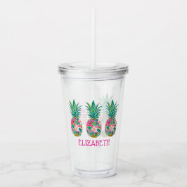 Copo De Acrílico Abacaxi Floral Verde, Rosa Tropical