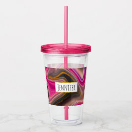 Copo De Acrílico Abstrato rosa e preto com espirais Dourados