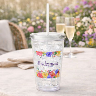 Copo De Acrílico Acompanhante de Noiva com Aquarela Floral Vibrante