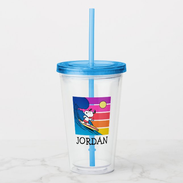 Copo De Acrílico Amendoins | Surfe em Snoopy | Adicione seu nome (Frente)